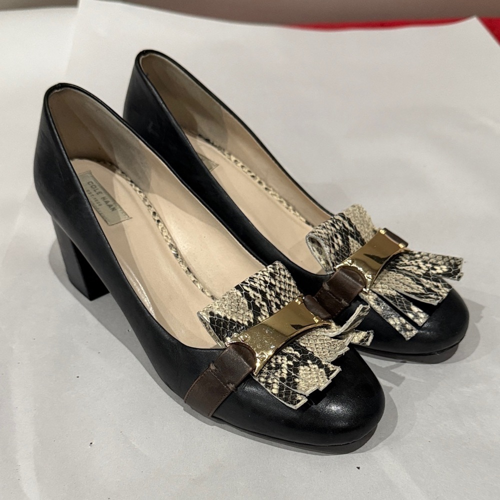 Cole Haan Black and Gold Heels with Snakeskin Accents